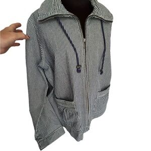 18. Christopher & Banks Shacket Jacket Full Zip Blue White W/Pin Stripes XL